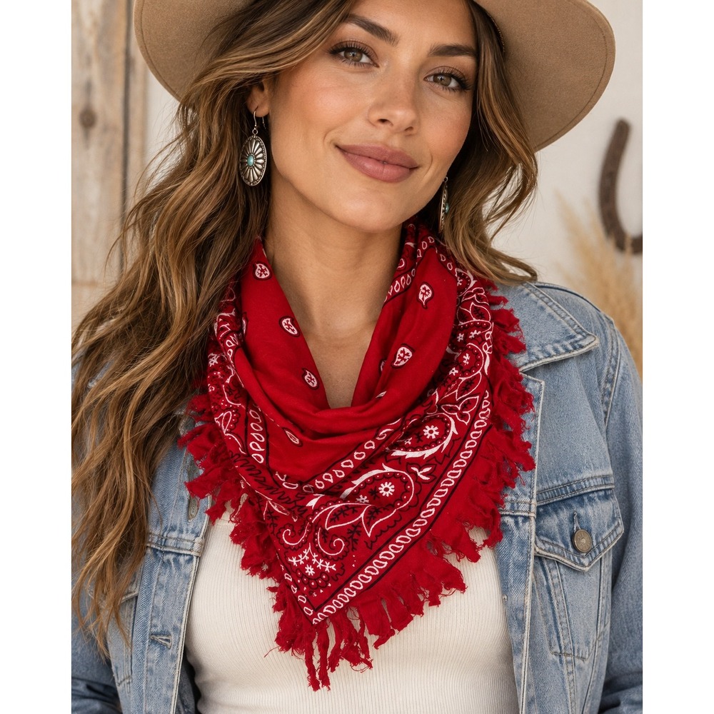 Handmade Vintage Scarf Red Paisley Fringed Distressed Bandana Western Boho Neck